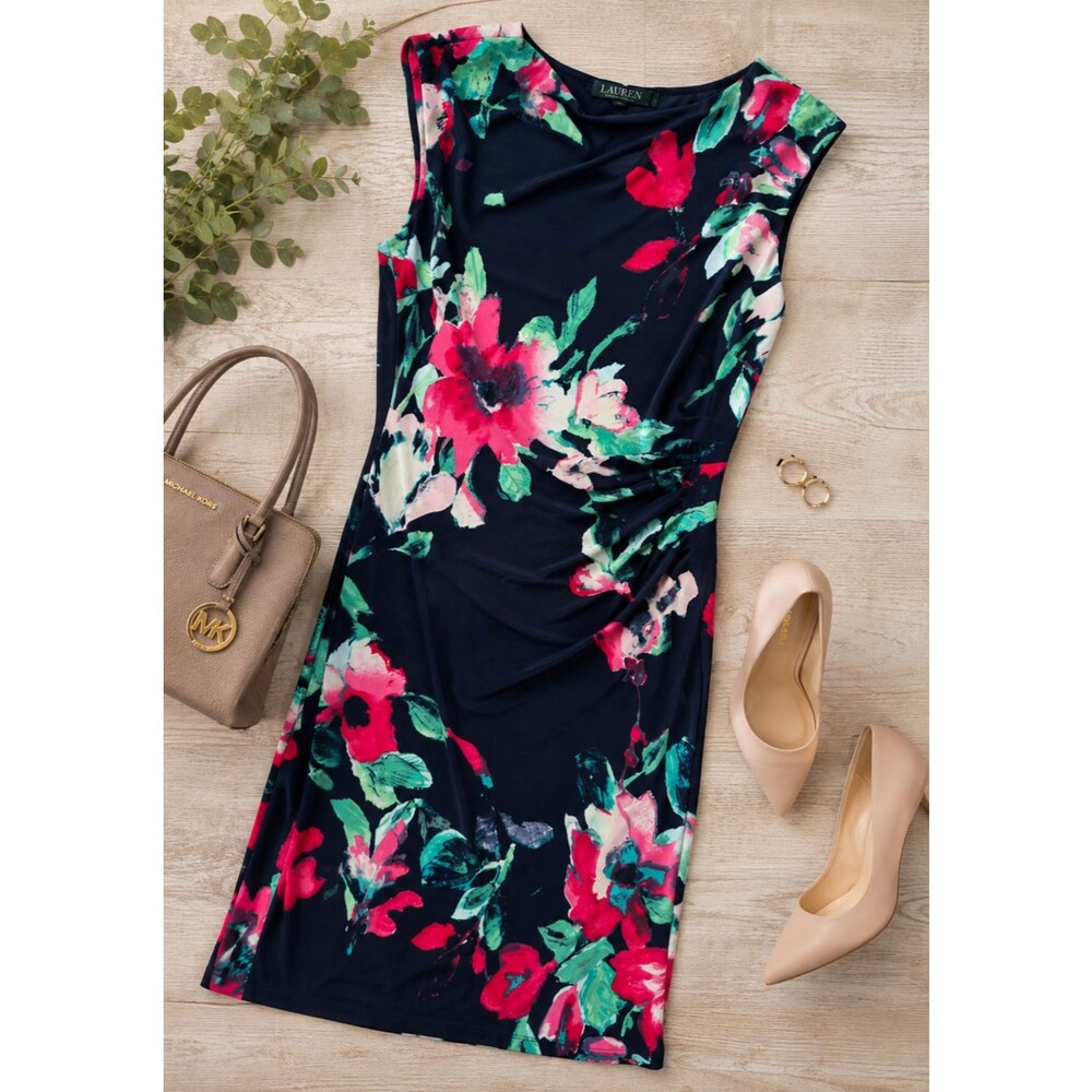 Lauren Ralph Lauren Dress Sz 10 Navy Floral Sheath Ruched Side Sleeveless